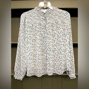 Sheer white button down blouse w/blue flowers